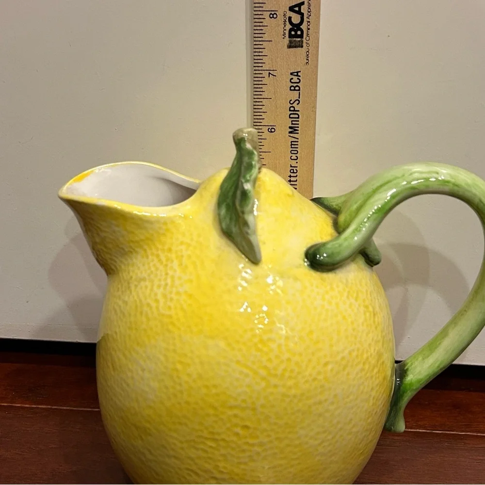 Vintage Ceramic Lemon Pitcher Green Leaf Handle Crafted in Japan hand painted